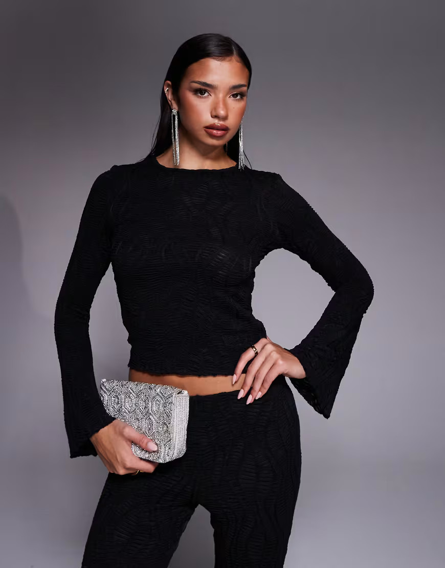 ASOS DESIGN textured flared long sleeve top in black - part of a set | ASOS (Global)