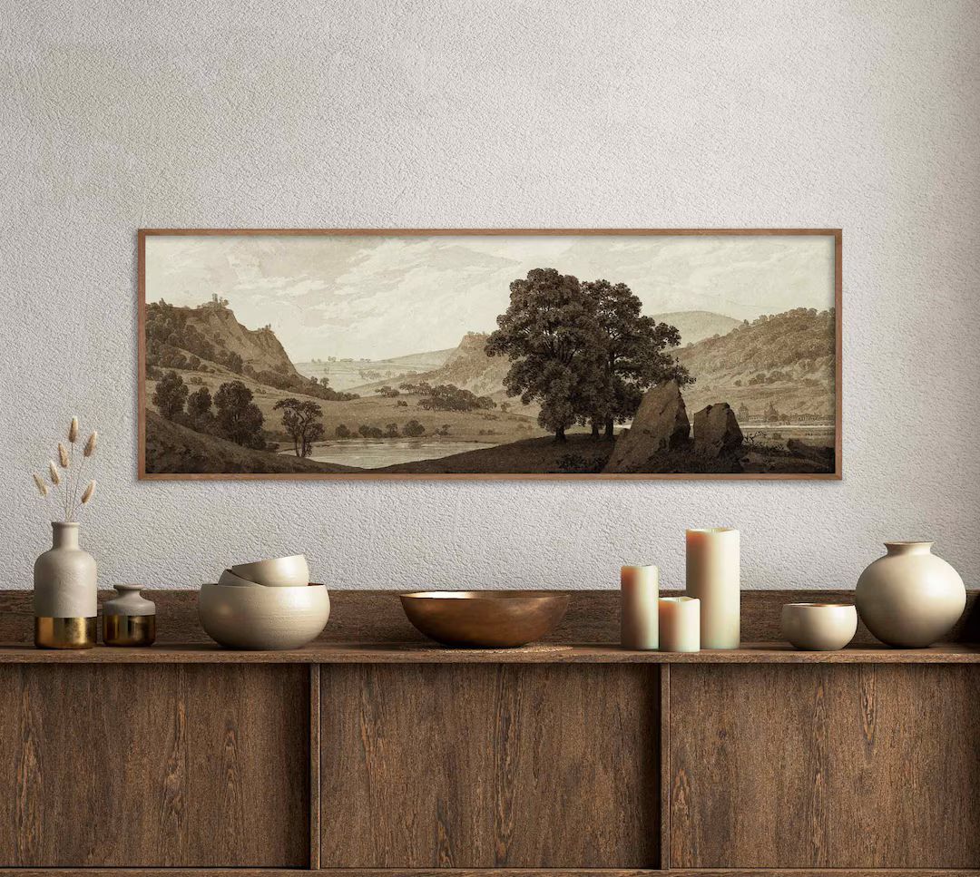 Neutral Mountain Lake Painting | Vintage Landscape Art | Framed Panoramic Canvas Painting | M030 | Etsy (US)