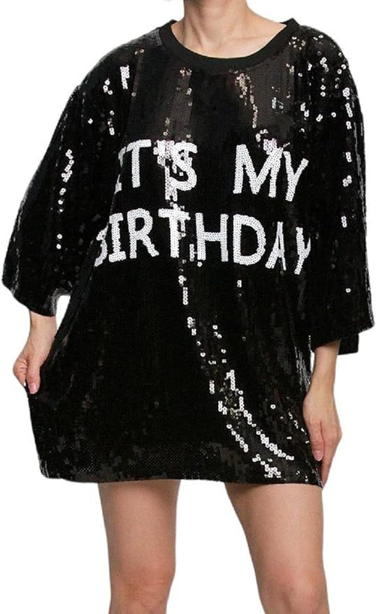 2Chique Boutique Women's Sequin T Shirt Dress It's My Birthday One Size Fits All Black | Amazon (US)