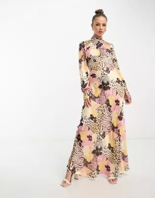 ASOS DESIGN high neck maxi satin tea dress in animal floral mixed print | ASOS (Global)