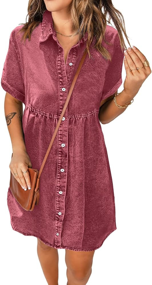 luvamia Women Casual Denim Babydoll Dress Short Sleeve Button Down Short Jean Dress Reef Blue Siz... | Amazon (US)