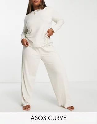 ASOS DESIGN Curve ribbed long sleeve pajama top & pants pajama set with lettuce hem in oatmeal | ASOS (Global)