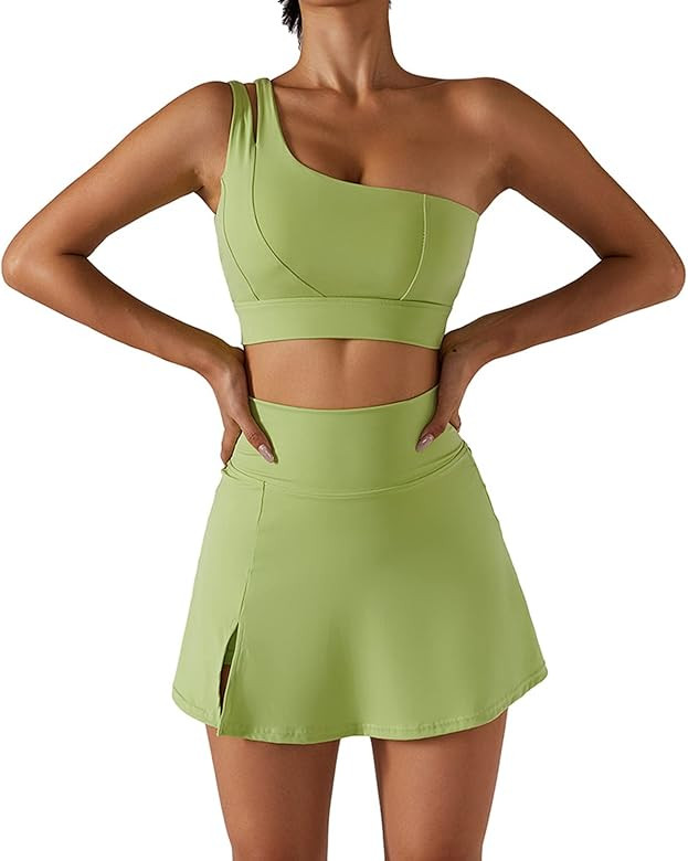 Women's Tennis Skirts Sport Bra Sets High Waisted Golf Skorts Skirt One Shoulder Sports Bra Runni... | Amazon (US)
