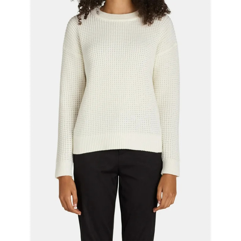 Time and Tru Women's and Women's Plus Waffle Stitch Sweater with Long Sleeves, Midweight, Sizes X... | Walmart (US)