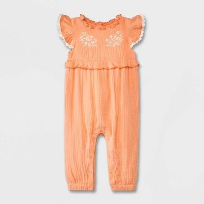 Baby Girls' Solid Sleeveless Romper - Cat & Jack™ Orange | Target