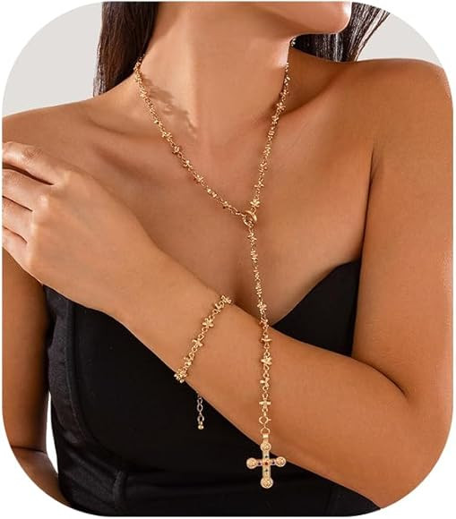 Rhinestone Long Chest Chain Necklace and Bracelet Set Sexy Bikini Crystal Cross Pendant Clavicle ... | Amazon (US)