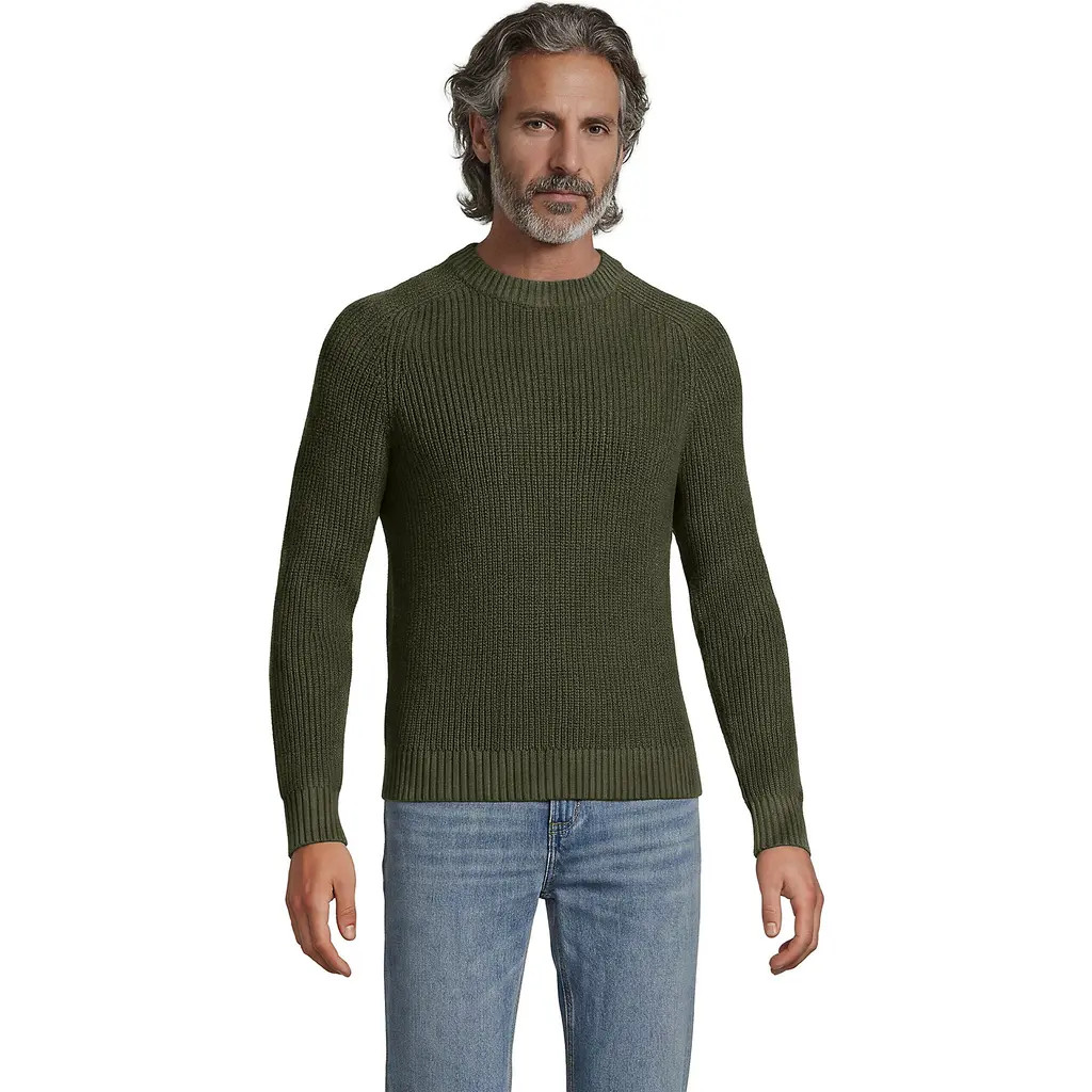 Lands' End Cotton Drifter Saddle Crewneck Shaker Sweater in River Stone Green at Nordstrom, Size Medium | Nordstrom