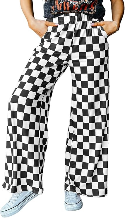 Acelitt Womens Casual Checkered Pants Elastic Waist Comfy Loose Wide Leg Pants with Pockets | Amazon (US)