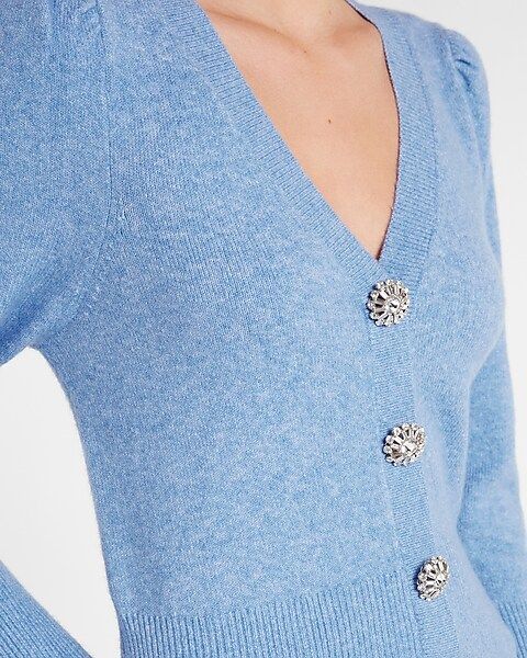 Jewel Embellished Faux Button Puff Sleeve Sweater | Express