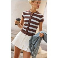 Brown Stripe Knit Polo Top, Brown | PrettyLittleThing UK