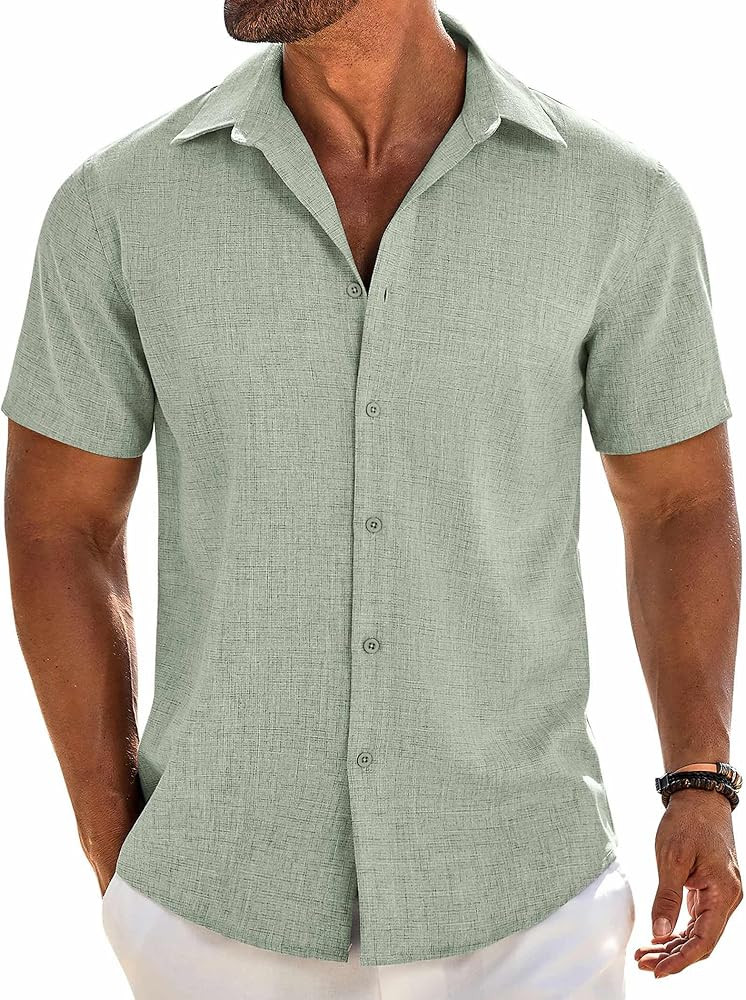 COOFANDY Mens Button Down Shirt Short Sleeve Casual Shirts Beach Summer Linen Shirts Wedding Vaca... | Amazon (US)