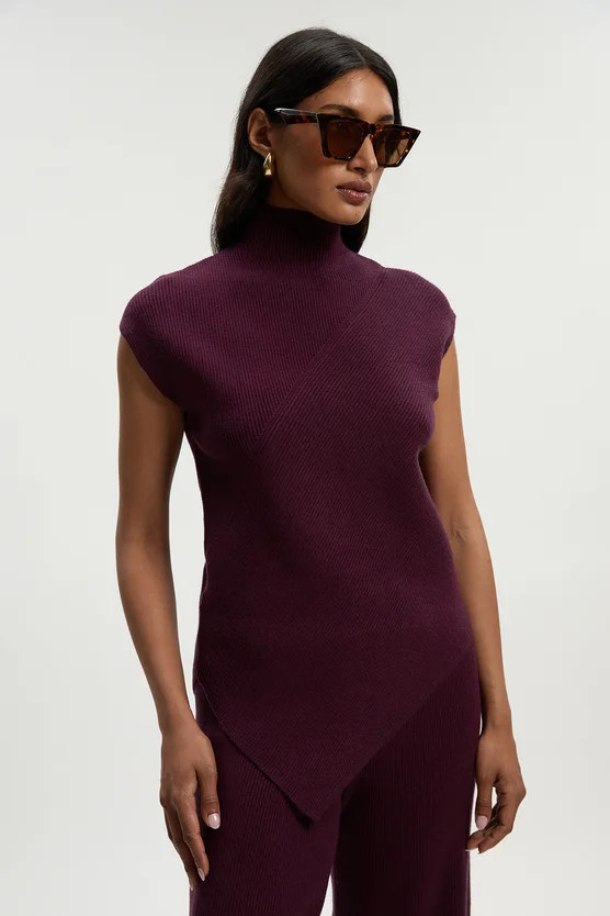 Soft Ribbed Asymmetric Hem Knitted Top | Karen Millen UK + IE + DE + NL