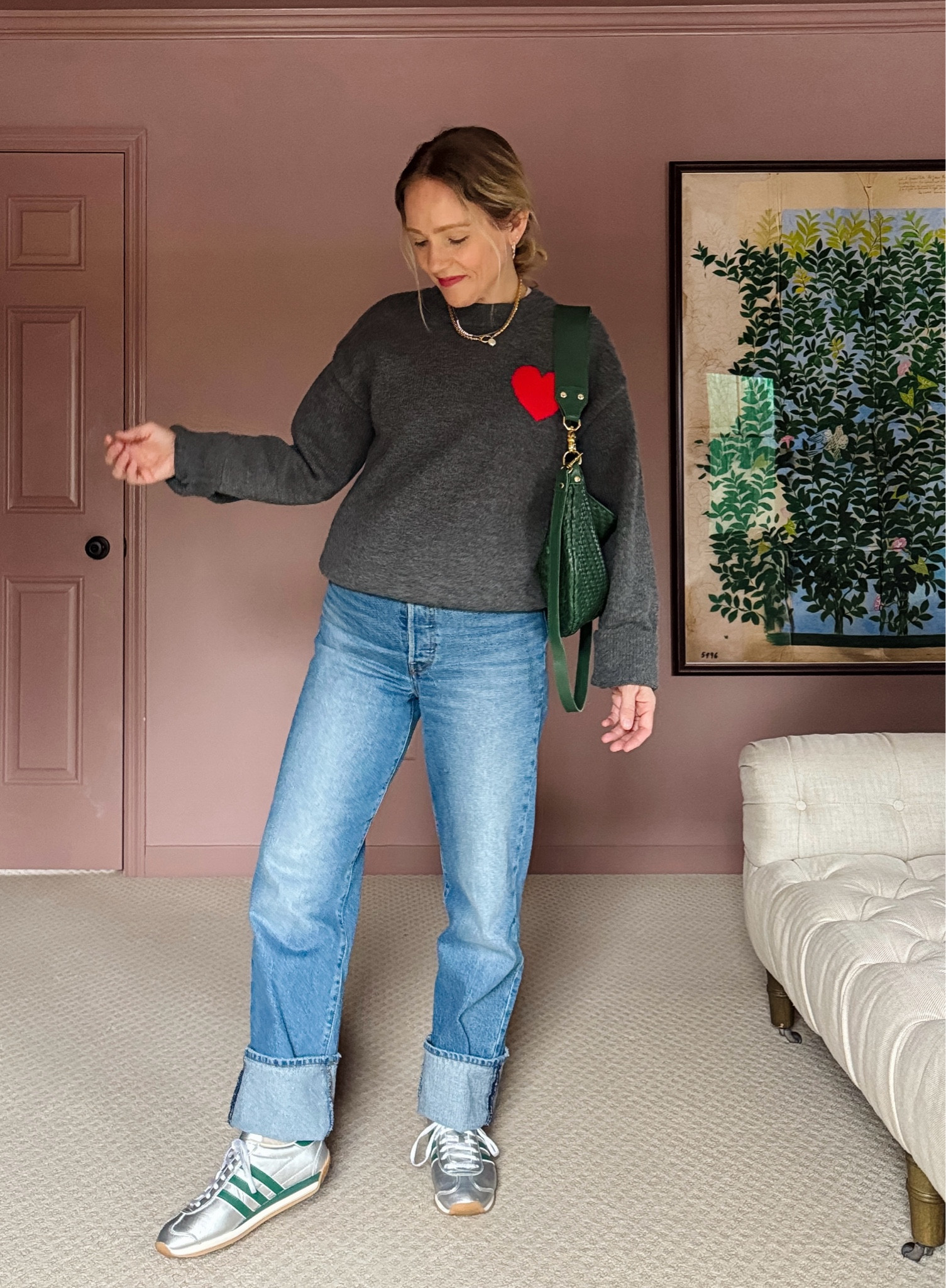 Monday casual outfit / all is true to size -
Levi’s under $100 ribcage Demin (high waist, straight leg) in regular length so I can cuff them (5’3” for ref) linked the ankle length too 
Adidas metallic sneakers, English factory heart sweater, Bombas half calf socks, Shopbop pearl and Dorsey necklace (16in) madewell earrings and layering tee. Clare v woven bag
❤️ Claire  

#LTKOver40 #LTKSeasonal #LTKStyleTip