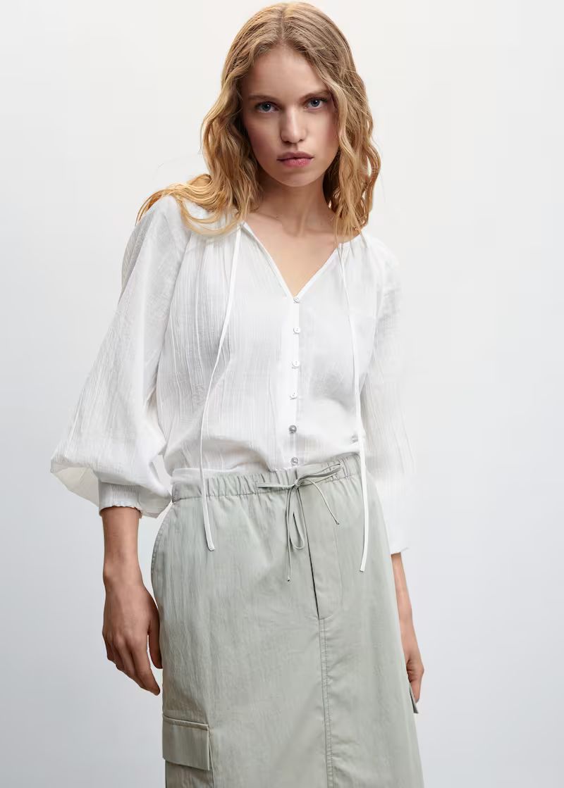 Buttoned textured blouse -  Women | Mango United Kingdom | MANGO (UK)