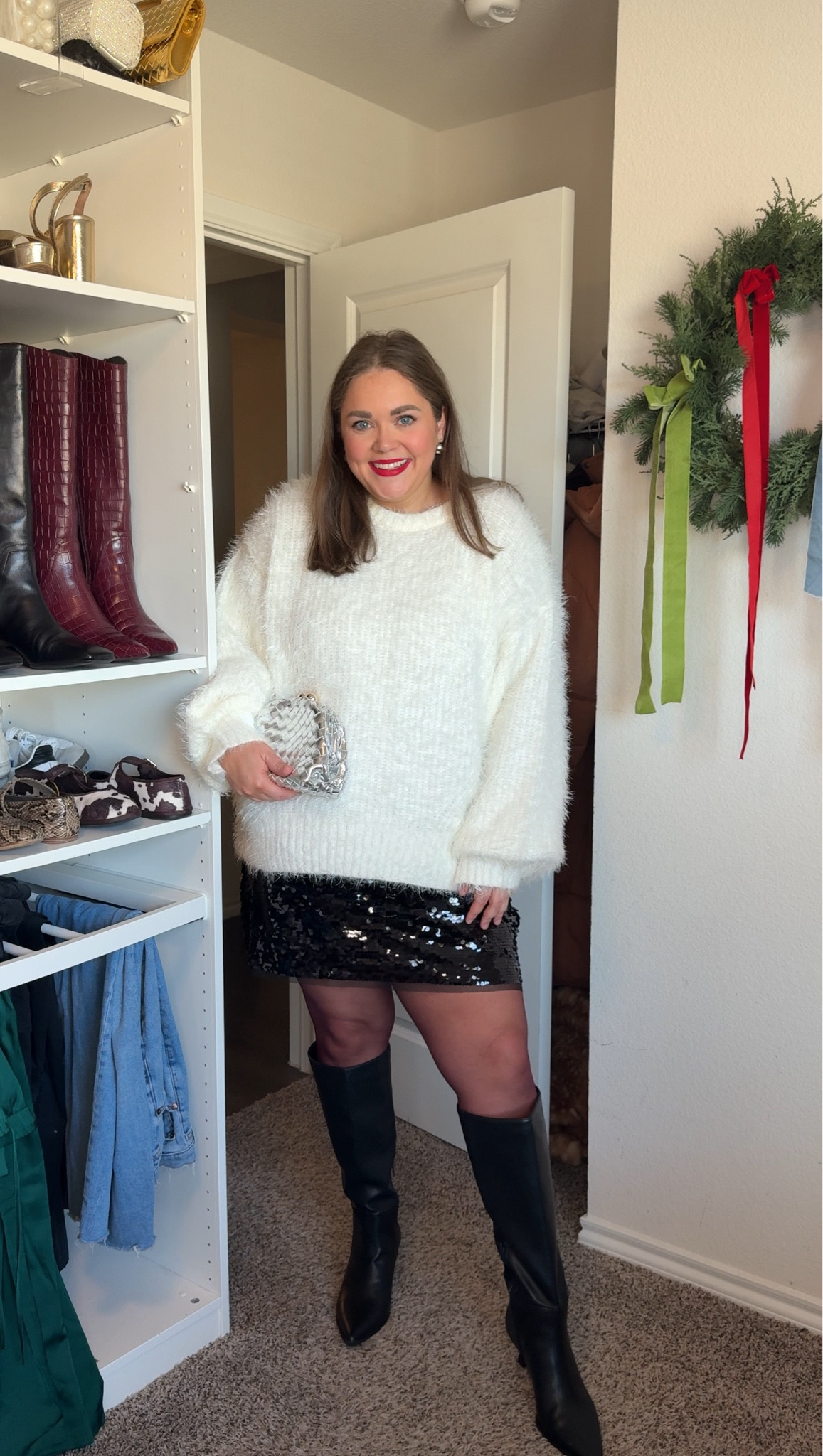 Holiday plus size outfit inspo. Wearing 2x in sweater for oversized fit. Xxl in skort. 16/18 in burgundy tights. Boots are wide calf! 

#LTKHoliday #LTKFindsUnder50 #LTKPlusSize