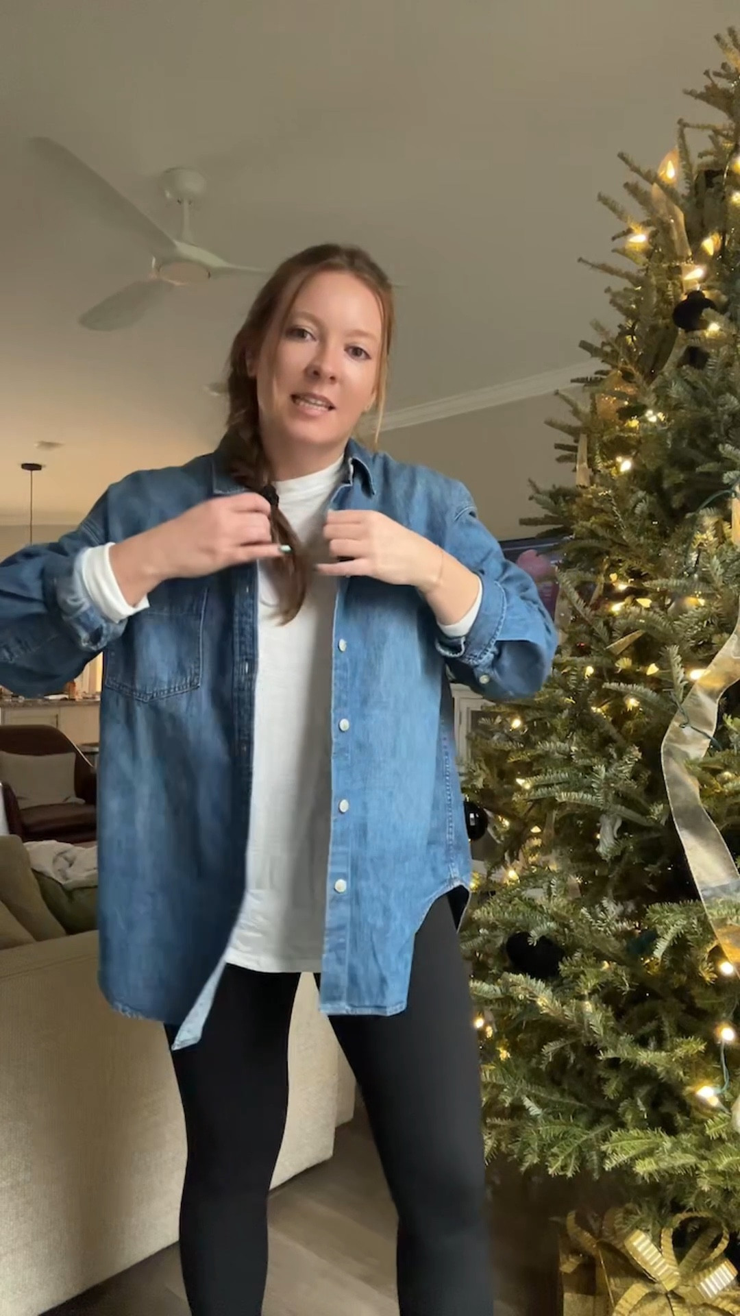 Oversized denim top / tts wearing a medium 
White layering long sleeve / tts wearing a medium 
Black leggings / tts wearing a medium 
Ugg slippers 

#LTKFindsUnder100 #LTKootd #LTKSaleAlert