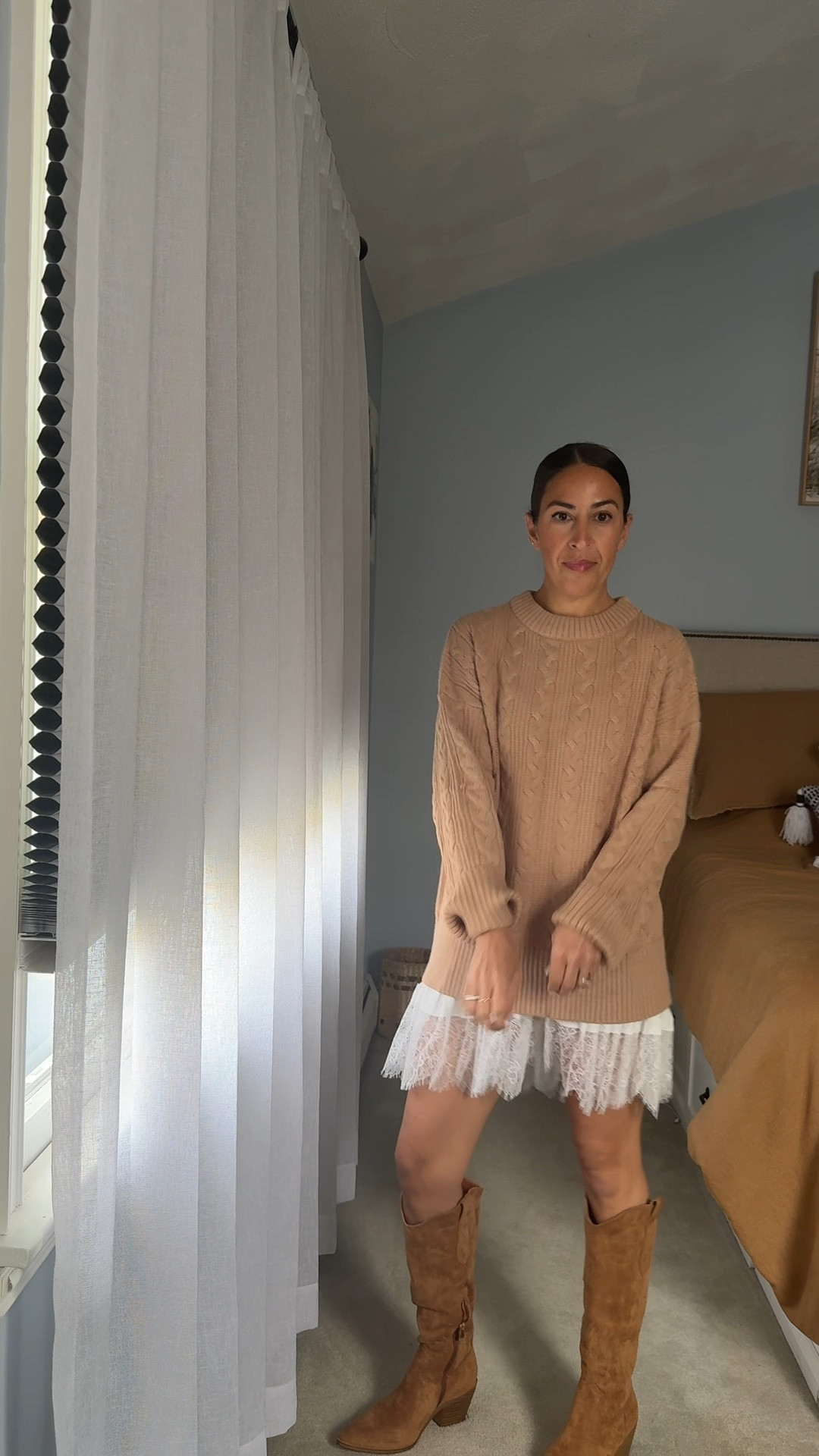 TEN days of THANKSGIVING Outfits
Day 4 🍁 
This outfit is a more affordable option than the anthro dress tagged. The sweater/skirt combo pulls off the same look and is so cute! And it’s all Amazon! (minus the earrings and purse)
💫skirt combo & boots linked in stories 
Skirt- sm (runs big, I rolled)
Sweater- sm