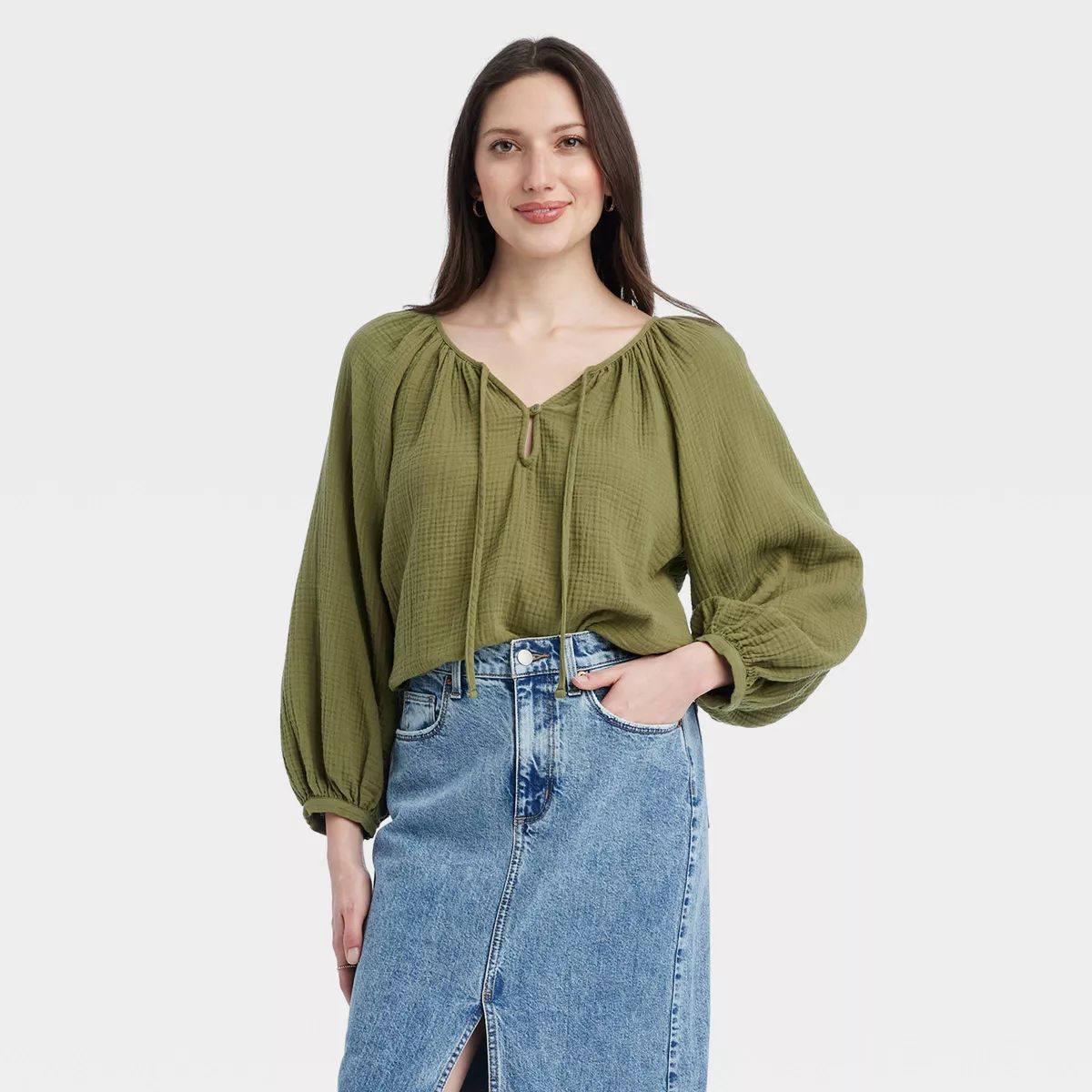 Women's Balloon Long Sleeve Everyday Blouse - Universal Thread™ Olive Green M | Target