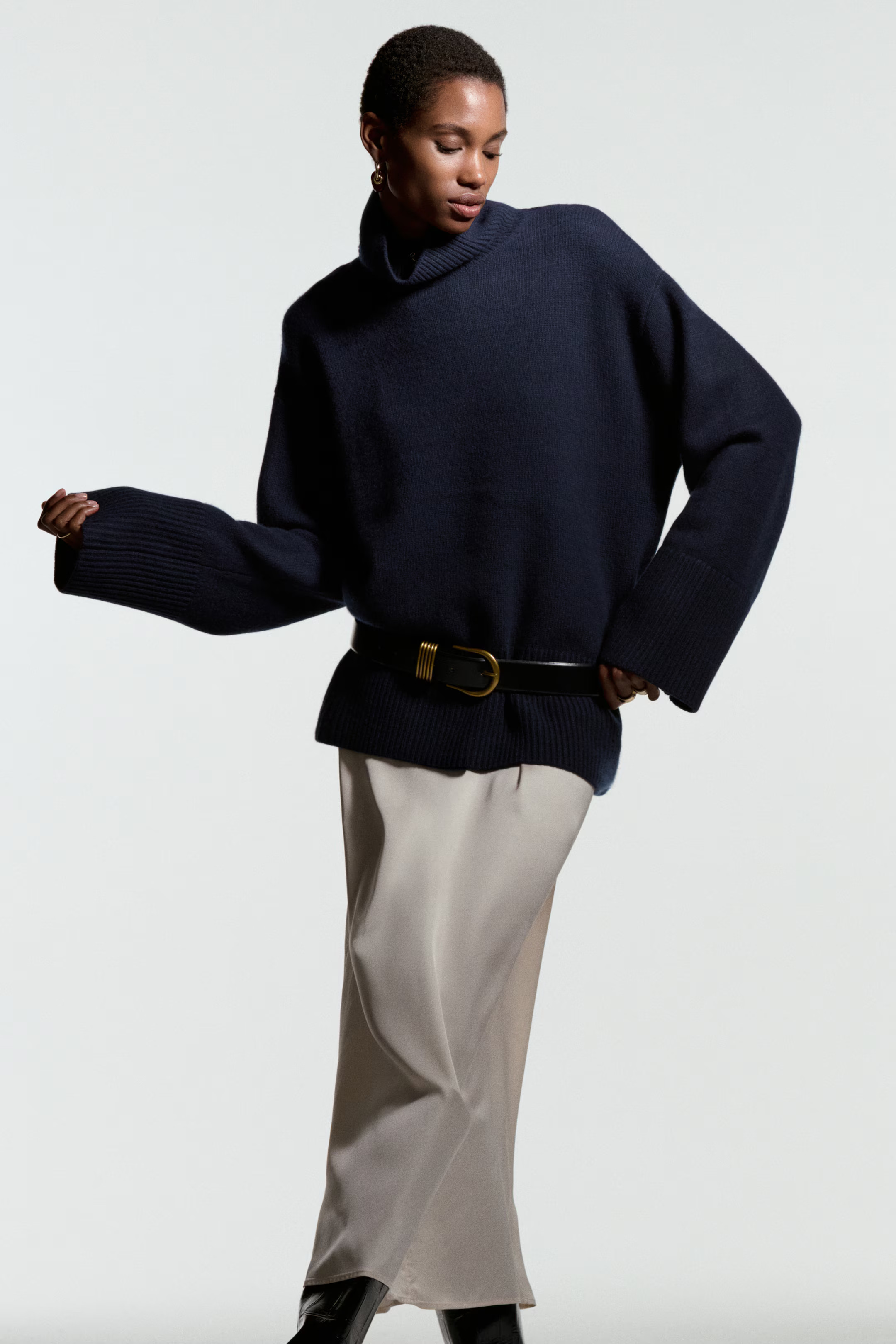 Cashmere-blend polo-neck jumper - Navy blue - Ladies | H&M GB | H&M (UK, MY, IN, SG, PH, TW, HK)