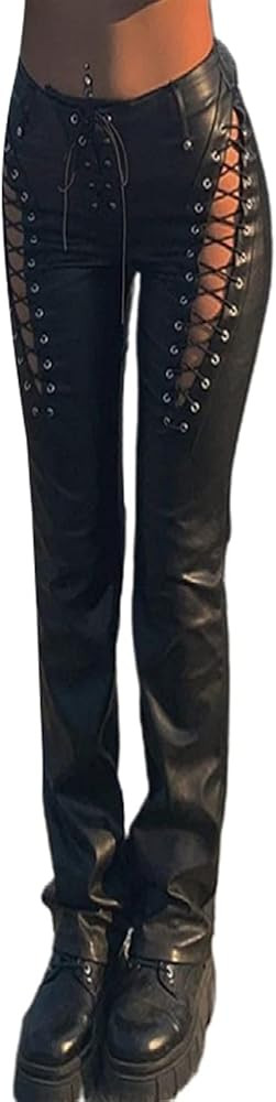HYxwrjoker Women High Waist Bandage Stretchy Leggings Lace Up PU Leather Pants Hollow Out Drawstr... | Amazon (US)