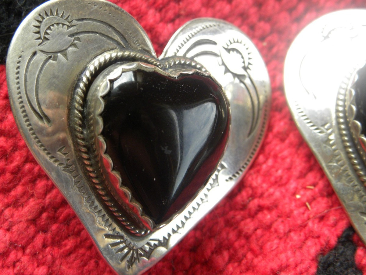 JOAN SLIFKA LG ONYX STERLING SILVER HEART EARRINGS 1-3/4" | eBay US