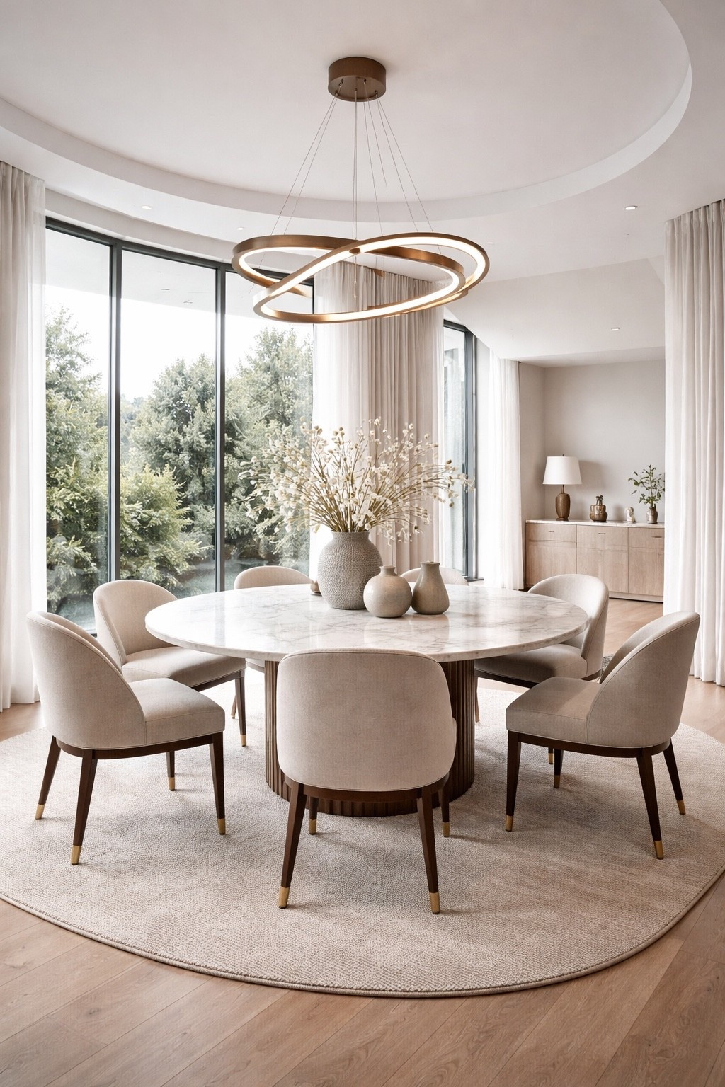 Elegant modern dining room featuring a round dining table, soft upholstered chairs and a sculptural gold LED chandelier. Floor-to-ceiling windows fill the space with natural light while neutral beige tones, warm wood flooring and minimalist decor create a calm and sophisticated interior perfect for contemporary home inspiration.

#moderndiningroom
#diningroomdesign
#rounddiningtable
#neutraldecor
#modernhome
#interiordesign
#luxuryinterior
#homedecor
#pinteresthome
#moderninterior
#minimalisthome
#diningroomdecor
#neutralhome
#ltkhome
#homeinspiration