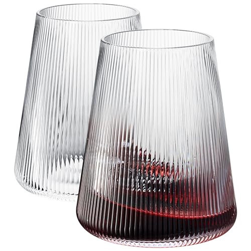 Stemless German Design Ribbed Wine Glasses | Set of 2 | Premium 13.5oz, Crystal Premium Modern Glass | Glass Cup For Red & White Wine, Durable Drinking Glasses, Gift Idea for Men or Women, Gift Box | Amazon (US)