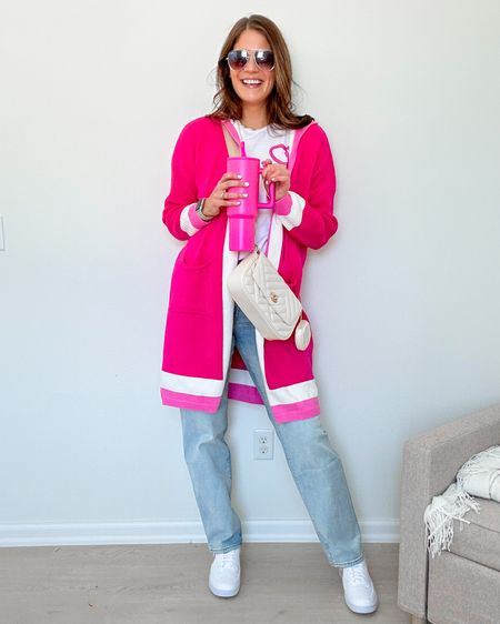 Pink Colorblock cardigan over a Barbie tee with straight leg jeans. I am wearing a 10 tall in the jeans and large in the tops. 

#LTKVideo #LTKstyletip #LTKsalealert