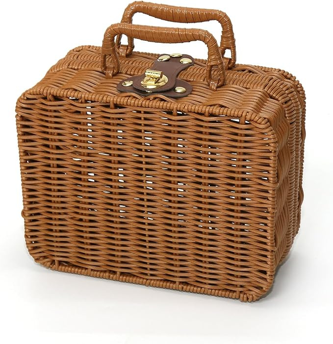 Wicker Picnic Basket, Decorative Prop Suitcase Vintage Storage Hamper Makeup Organizer, Metal Loc... | Amazon (US)