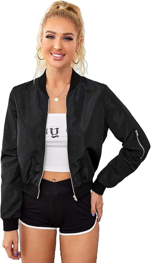 Romwe Women's Classic Solid Biker Jacket Zip up Crop Bomber Jacket Coat | Amazon (US)