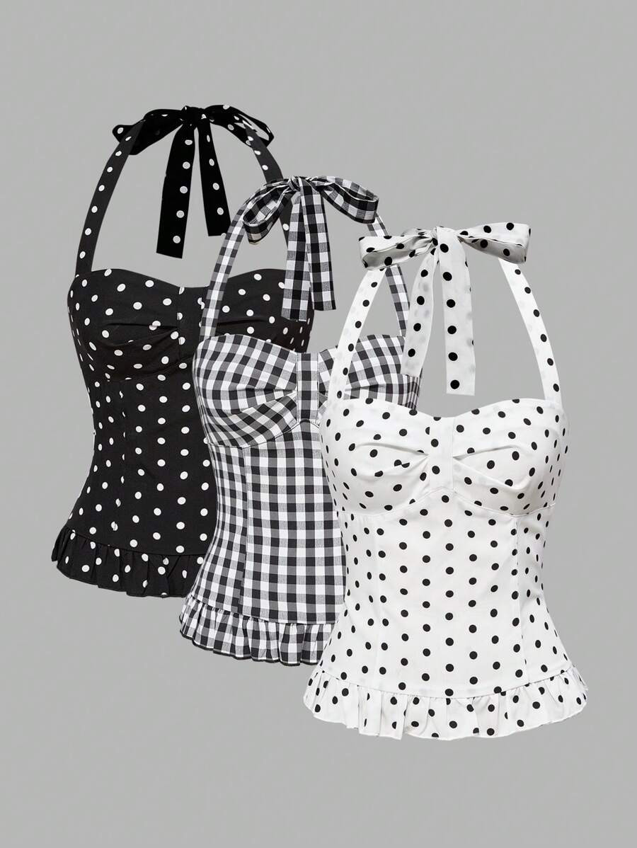 ROMWE Avant Women's Romantic Vacation Style Polka Dot & Plaid Backless Halter Neck Tank Top Sets | SHEIN