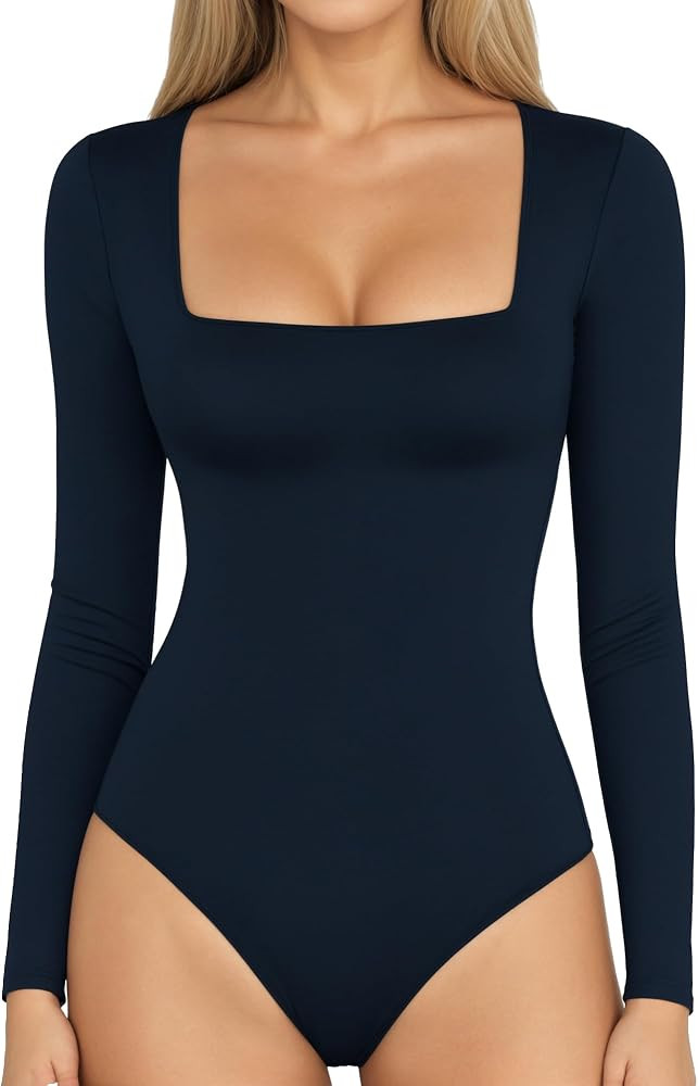 MANGOPOP Women's Square Neck Short Sleeve Long Sleeve Bodysuit Sexy Body Suits Shirt Slim Fitted ... | Amazon (US)