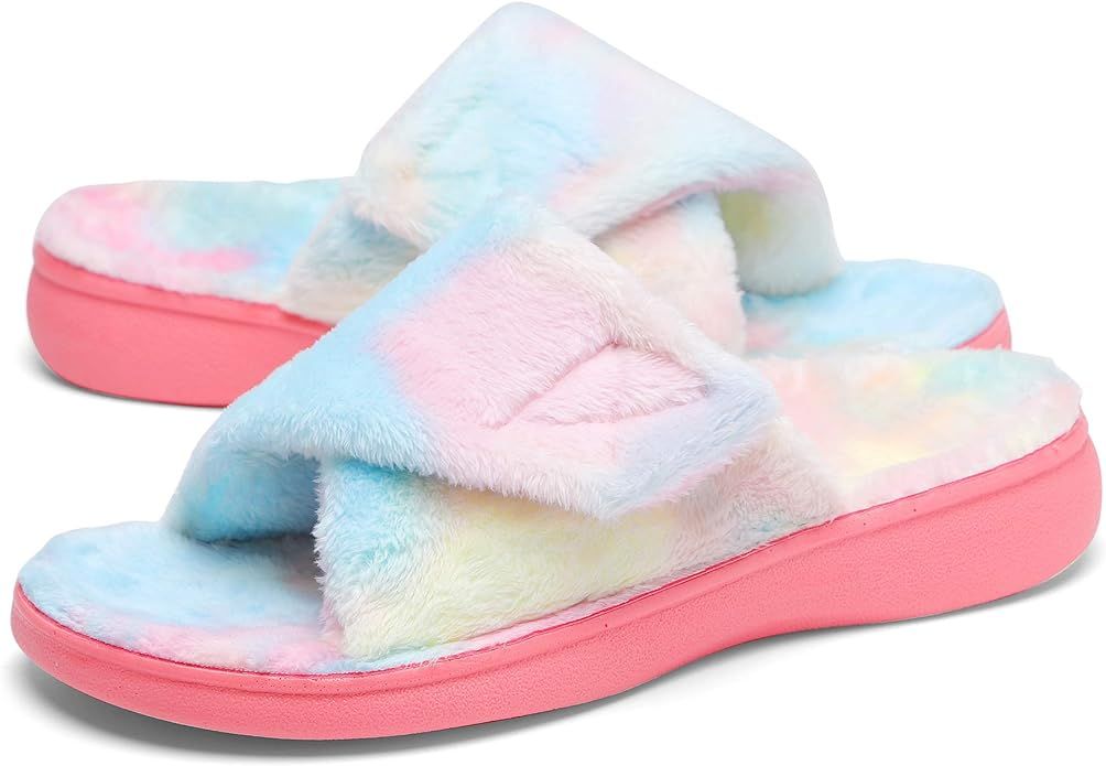 SOLLBEAM Fuzzy House Slippers With Arch Support Orthotic Heel Cup Sandals For Women | Amazon (US)