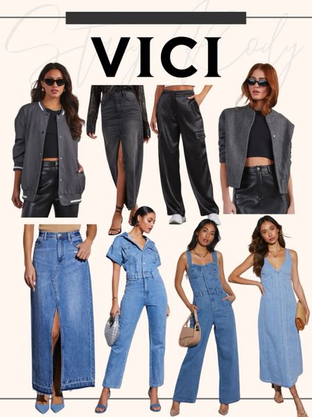 Denim jumpsuits 
Bomber jacket 
Denim maxi skirt
Vici 

#LTKfindsunder100 #LTKstyletip #LTKover40