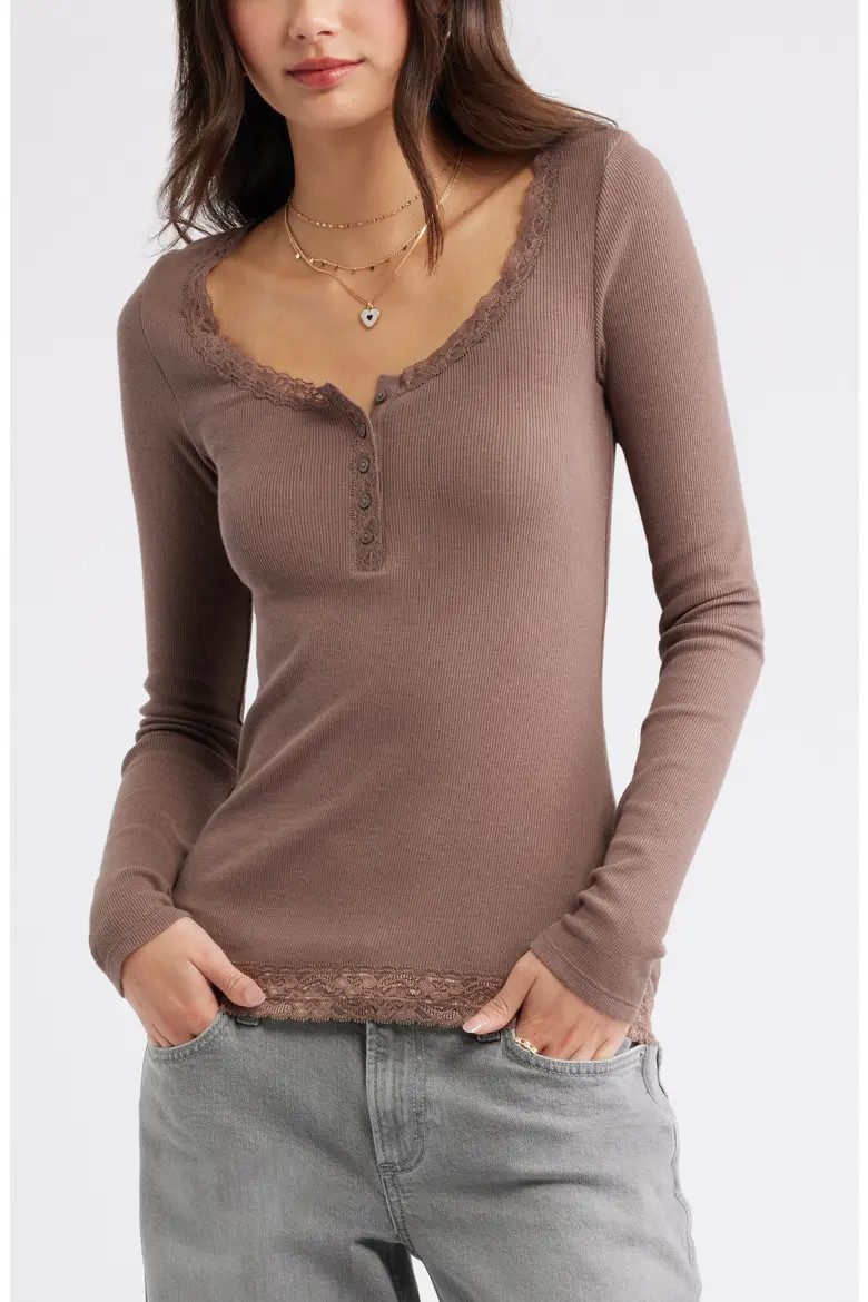 Lace Trim Cotton Blend Rib Henley (Women) | Nordstrom | Nordstrom