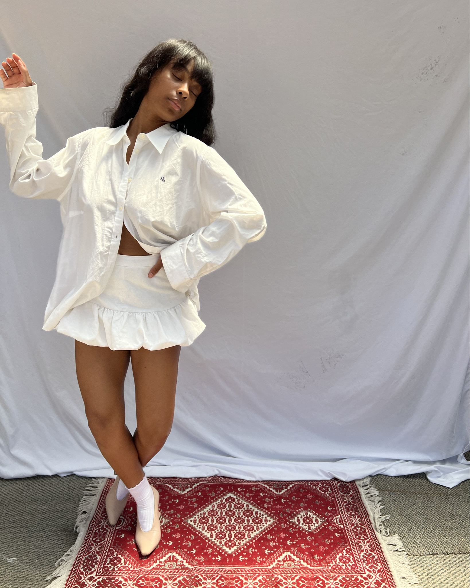 white button down, white skirt, white socks, pink pumps.

#LTKWorkwear #LTKStyleTip