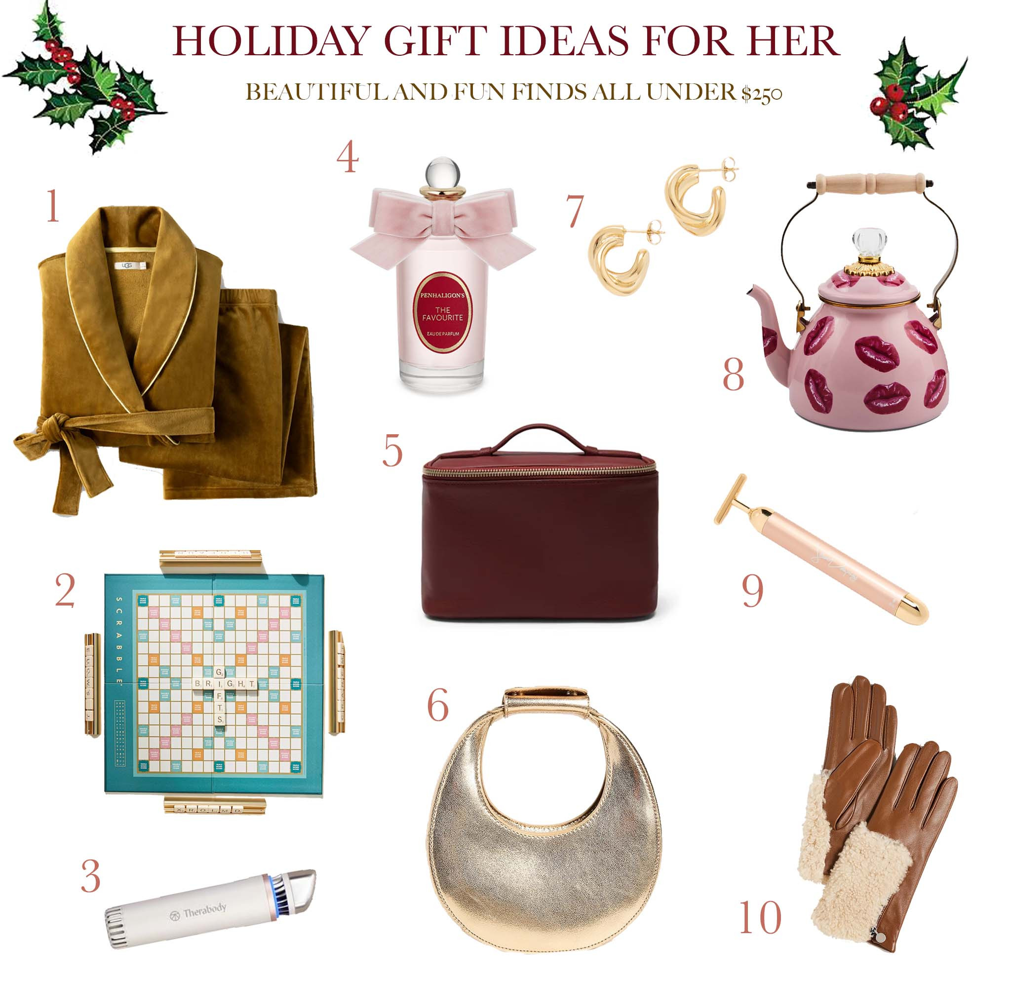 Gifts for Her

Wether it’s your mom, wife or sister, these classic gifts are crows pleasers and all under $250

1. Wrap Loungewear Set 
2. Shagreen Luxury Board Game 
3. Theragun Depuffing Wand
4. Penhaligon perfume
5. Leatherology Medium Train Case 
6. Staud Gold Handbag 
7. Gold Earrings 
8. MacKenzie-Childs Teapot
9. Jillian Dempsey Gold Bar
10. Carolina Amato gloves

#giftideas  #giftguide #giftsforher #giftsformom #giftsforsister #giftsforgirlfriend #beautygifts #beautymusthaves #beautysets #beautygadgets #leatherology #crowdpleasers #gloves #wintermusthaves  #leatherology #staud #handbag #beautygifts #loungewear #ugg #pajamas #perfume #boardgame 
 

 #LTKGiftGuide #LTKHoliday #LTKOver40