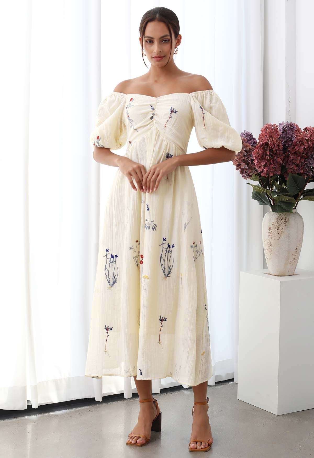 Botanical Embroidery Bubble Sleeve Shirred Midi Dress in Cream | Chicwish