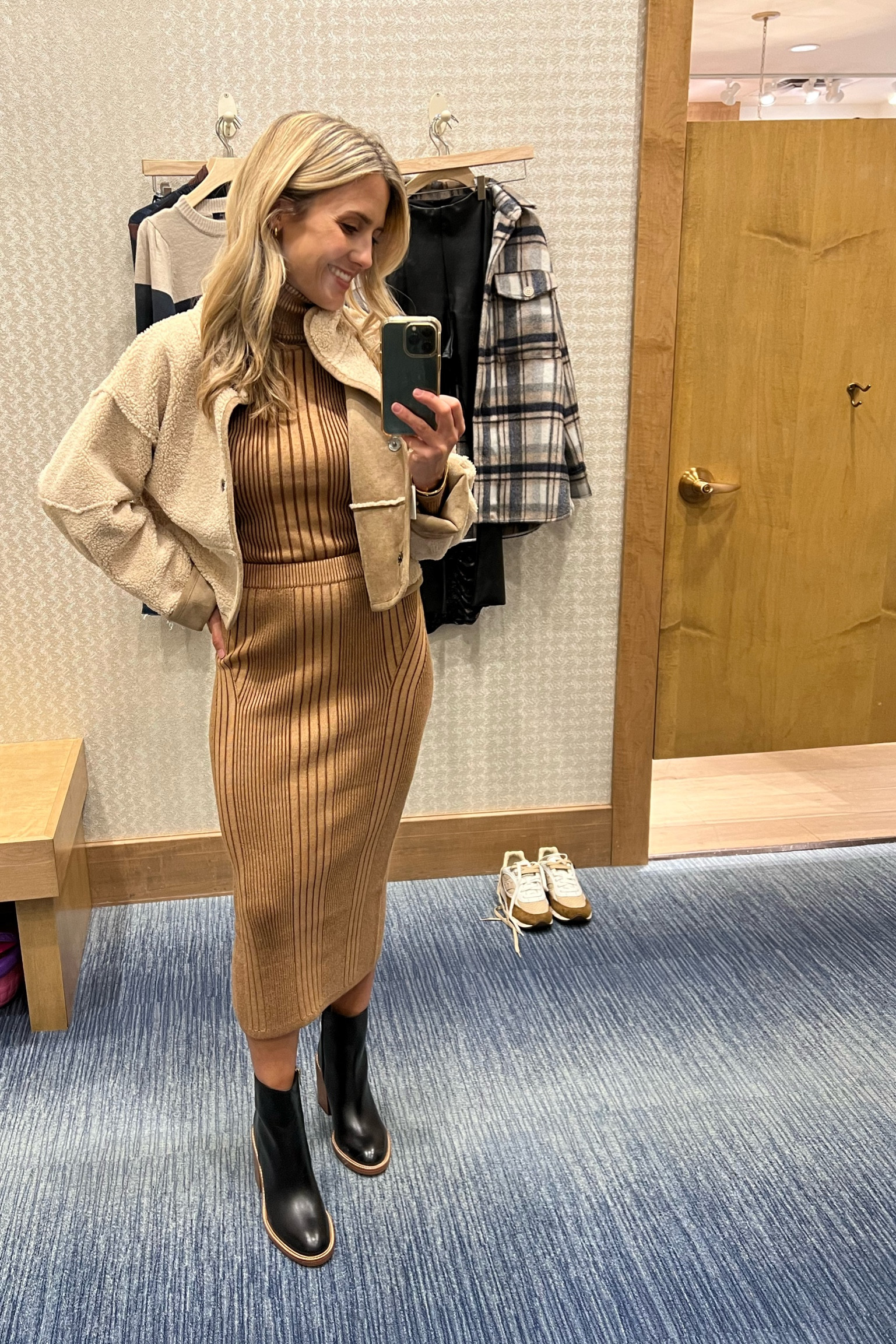 Love this sweater top and skirt set that is actually nursing friendly, but still gets me the dress look! I paired it with some casual heeled leather boots, this reversible shearling coat and simple gold jewelry 🥰🫶🏻 love this look so much! Everything fits TTS. 

#LTKstyletip #LTKshoecrush