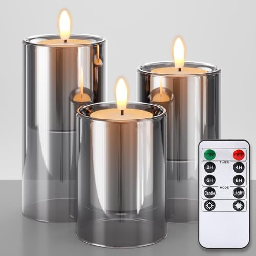NURADA Flameless Candles with Remote Timer - Glass Real Wax 3D Wick LED Pillar Votive Candle Set Battery Operated Flickering Light for Home Christmas Decoration -Grey 3 Pack | Amazon (US)