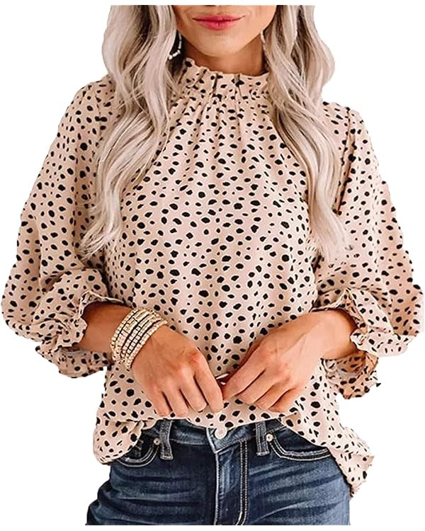 Avanova Women Polka Dot Long Sleeve Blouse Shirts Work Mock Neck Ruffle Top | Amazon (US)