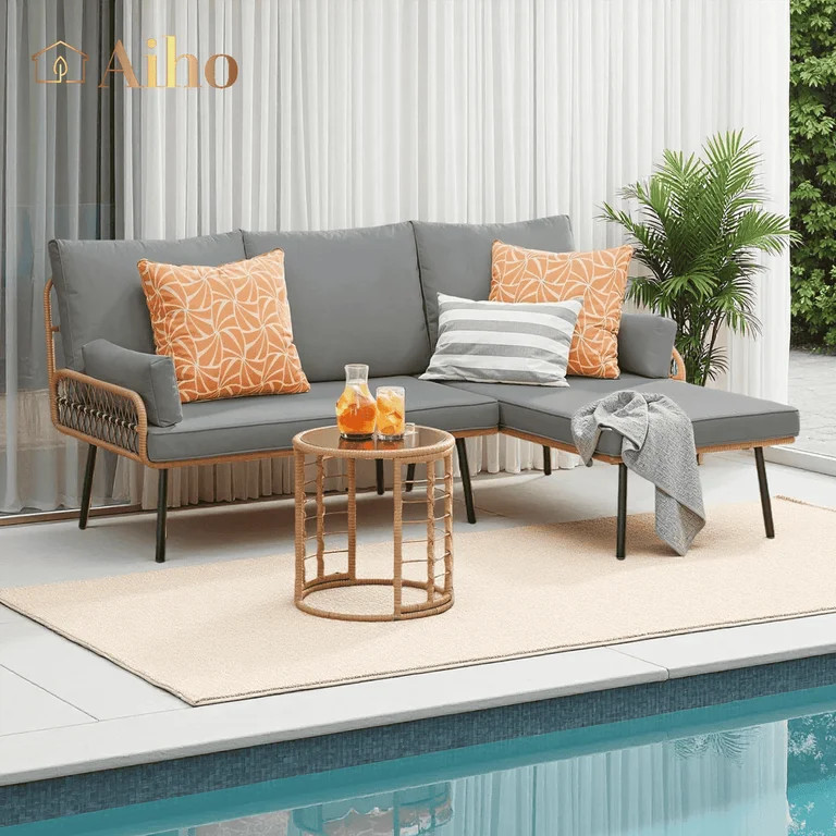 Aiho 3 Pieces Outdoor Patio Furniture Set, All weather PE Wicker L-shaped Outdoor Sectional Sofa ... | Walmart (US)
