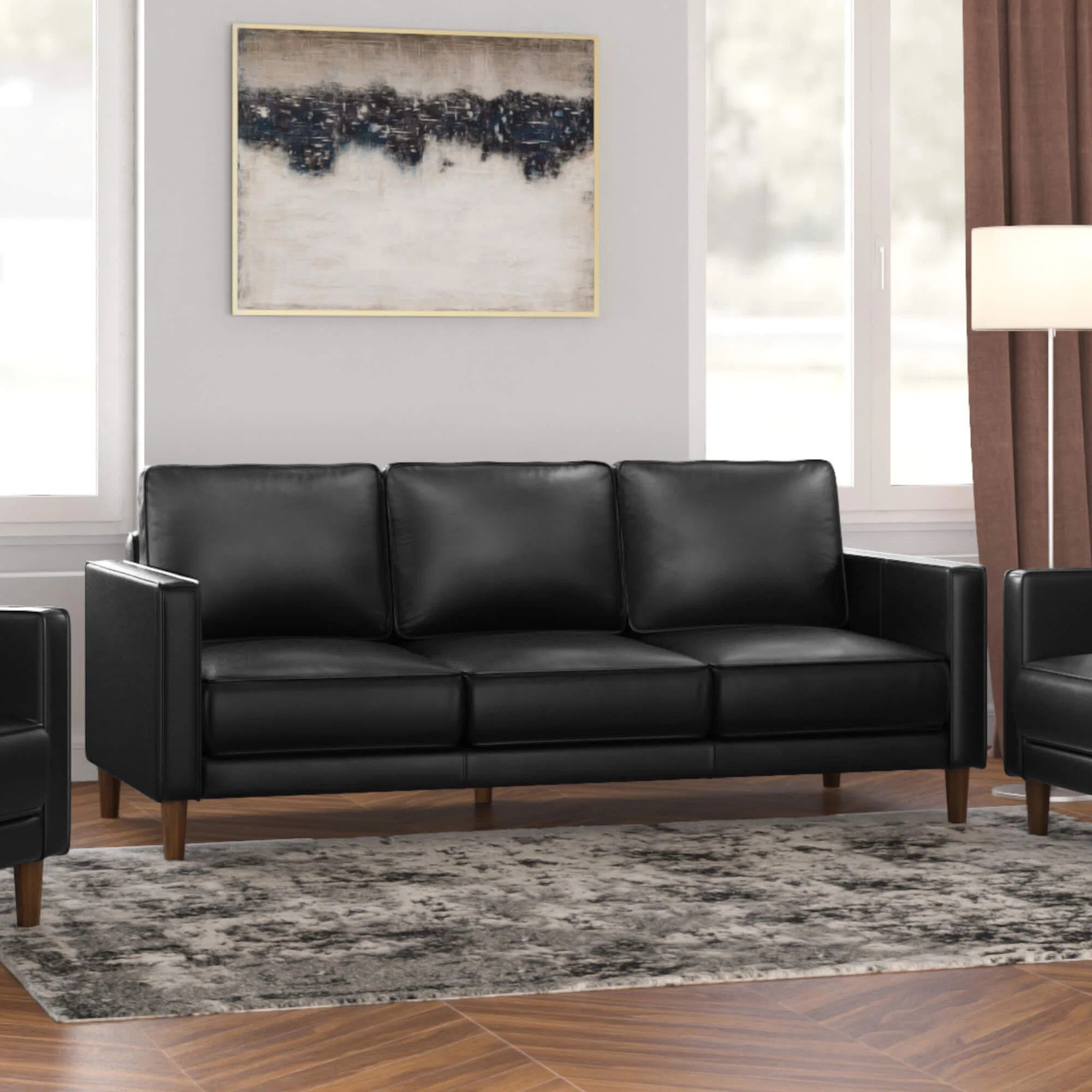 Wade Logan® Armonni 79" Wide Black Top Grain Leather Sofa | Mid Century Modern 3 Seater Couch & ... | Wayfair North America