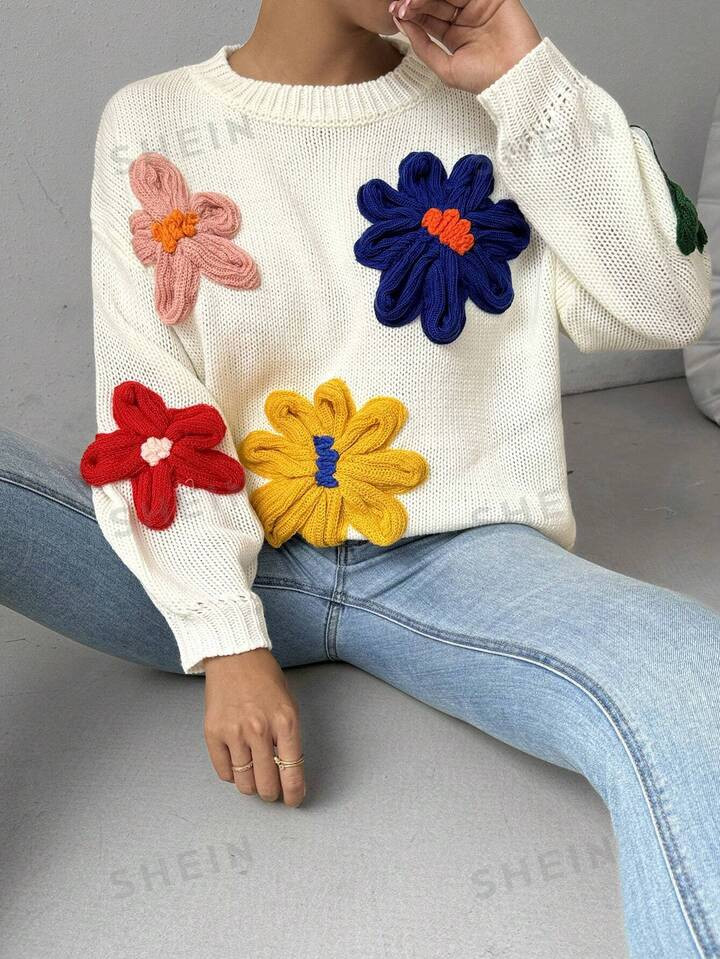 SHEIN Essnce Colorful Small Floral Sweet & Fresh Round Neck Pullover Women's Sweater | SHEIN USA | SHEIN