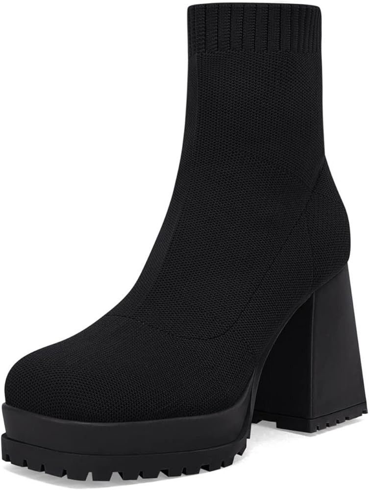Womens Platform Sock Ankle Boots Square Toe Chunky Block Heel Elastic Knit Slip On Booties Shoes | Amazon (US)