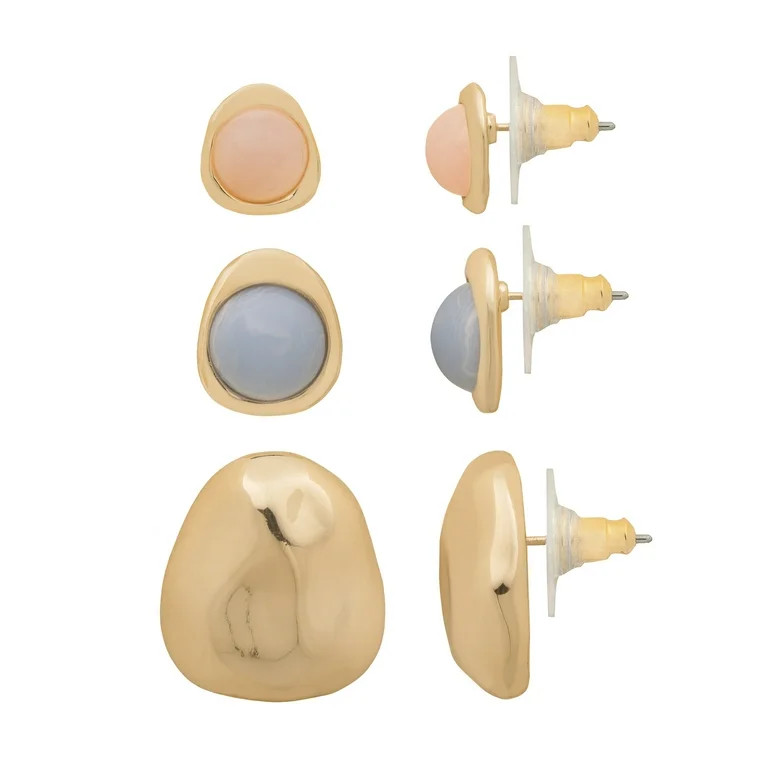 Time and Tru Women's Gold Tone Stud Earring Set with Resin Accents Minimalist Design | Walmart (US)