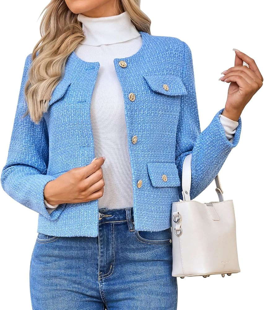 Women's Tweed Blazers Jackets Casual Long Sleeve Button Down Business Short Casual Cropped Coats | Amazon (US)