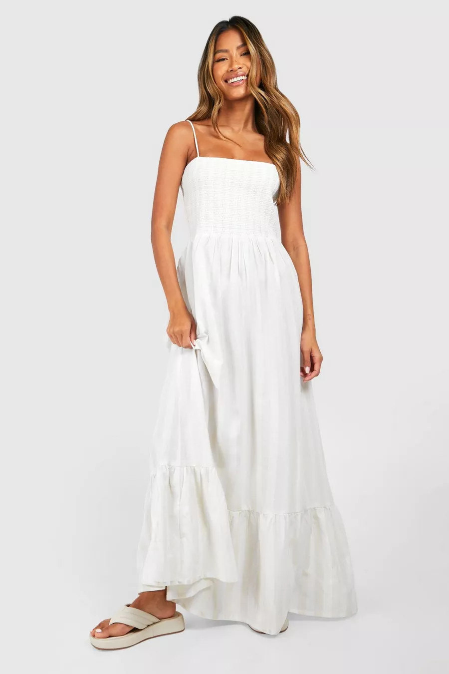 Linen Look Shirred Stripe Bandeau Maxi Dress | boohoo (US & Canada)