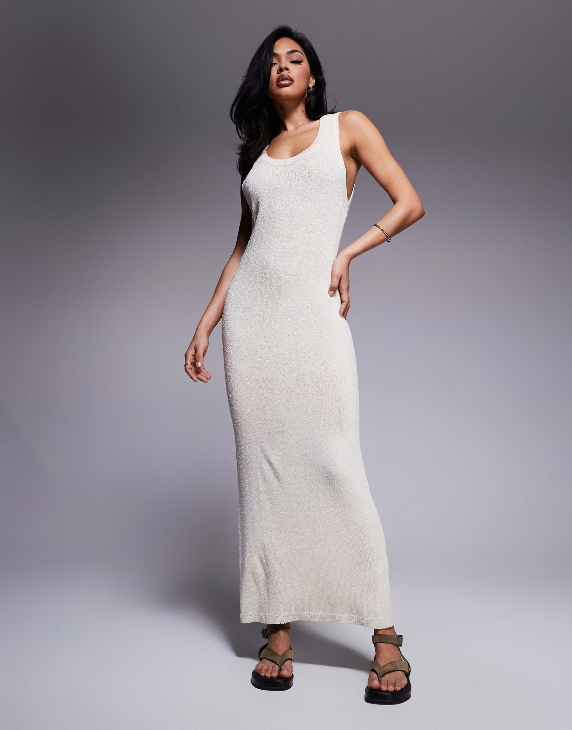 ASOS DESIGN knitted scoop neck textured midaxi dress in cream | ASOS (Global)