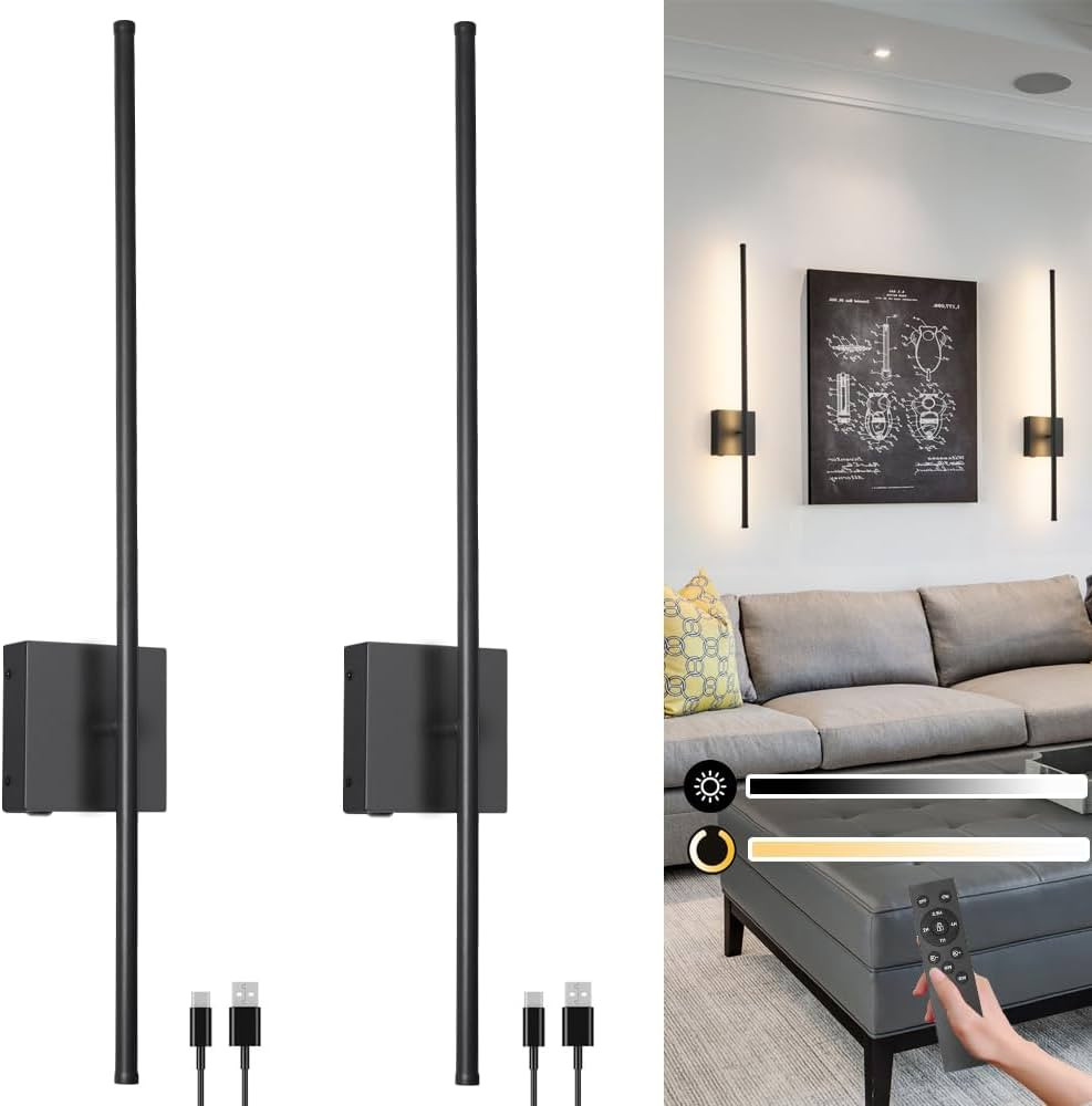 15000mAh Battery Operated Wall Sconce Set of 2, Black USB Rechargeable Wall Sconces Set of Two, D... | Amazon (US)